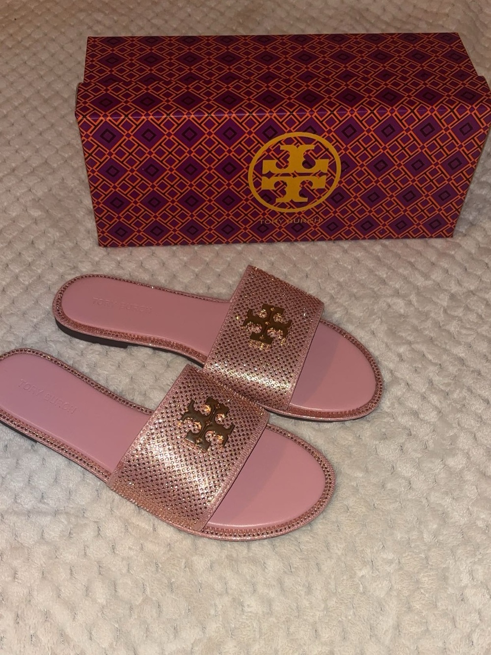 Tory Burch Pink Crystal-Embellished Slide Sandals with Gold Logo - Picture 2 of 3